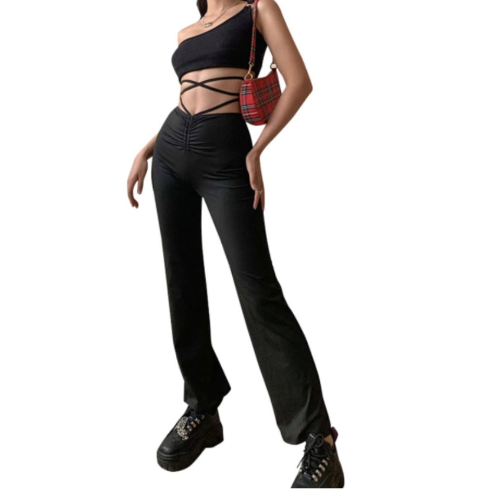 *ONE LEFT* Black High Waisted Lace Up Pants - Picture 2 of 4